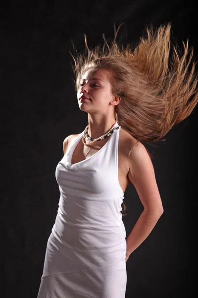 Developing Wind Hair Black Background — Stock Photo, Image