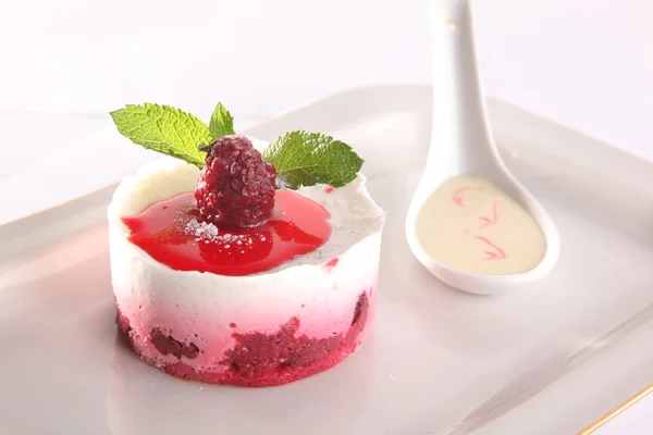 Dessert Raspberries Sauce Plate — Stock Photo, Image