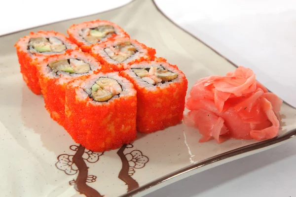 Rollo Japonés Con Salsa Wasabi Plato Con Pescado — Foto de Stock