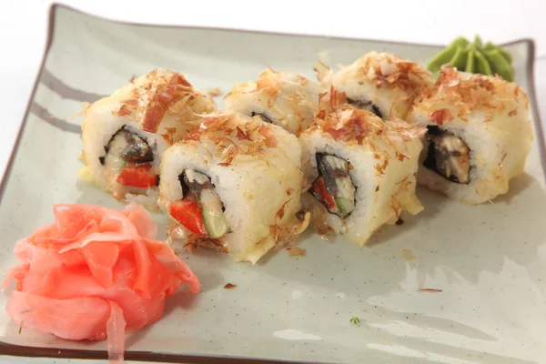 Rollo Japonés Con Salsa Wasabi Plato Con Pescado — Foto de Stock