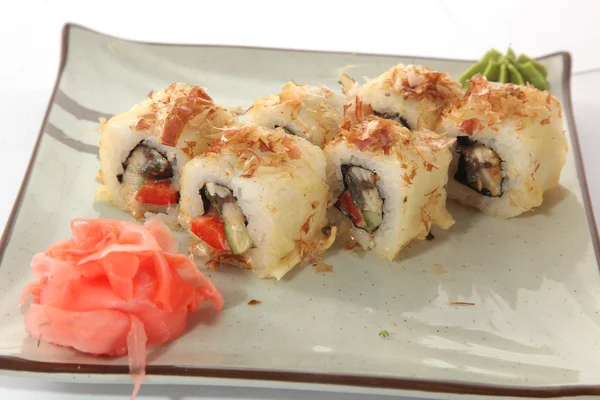 Japanese roll with wasabi sauce on plate with fish — Stock Image Japanese Roll Wasabi Sauce Plate Fish Royalty Free Stock Images