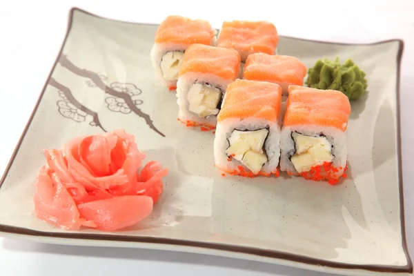 Rollo Japonés Con Salsa Wasabi Plato Con Pescado — Foto de Stock