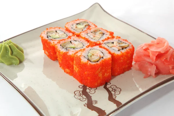 Rollo Japonés Con Salsa Wasabi Plato Con Pescado — Foto de Stock