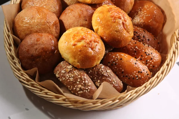 Wooden Basket Bread Bread Rolls — Stock Photo, Image