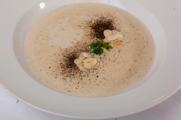 Mushroom Soup Almonds Plate — Stock Photo, Image