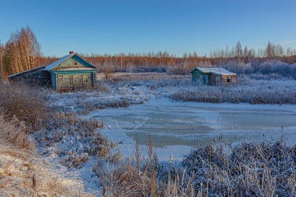 Cabana velha em um campo nevado perto da floresta — Fotografia de Stock