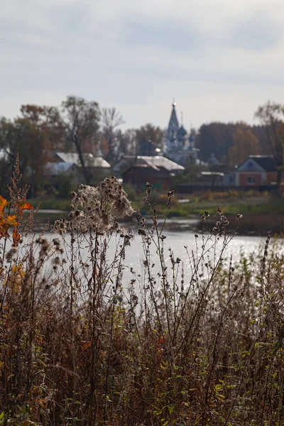 Temple Sur Les Rives Paysage Rivière Automne — Photo