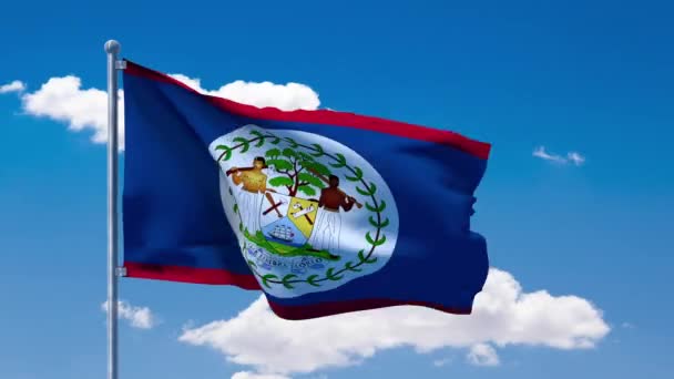 Bandera de Belice ondeando sobre un cielo azul nublado — Vídeo de stock