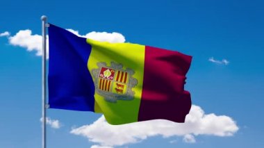 Andorra bayrağı sallayarak üzerinde mavi bir bulutlu gökyüzü