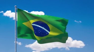 Brezilya bayrağı sallayarak üzerinde mavi bir bulutlu gökyüzü