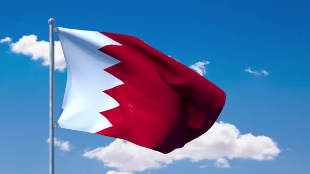 Бахрейнский флаг, размахивающий над голубым облачным небом — стоковое видео