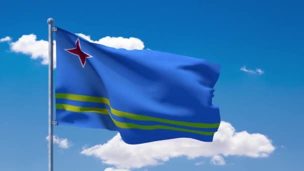 Bandeira de Aruban acenando sobre um céu azul nublado — Vídeo de Stock