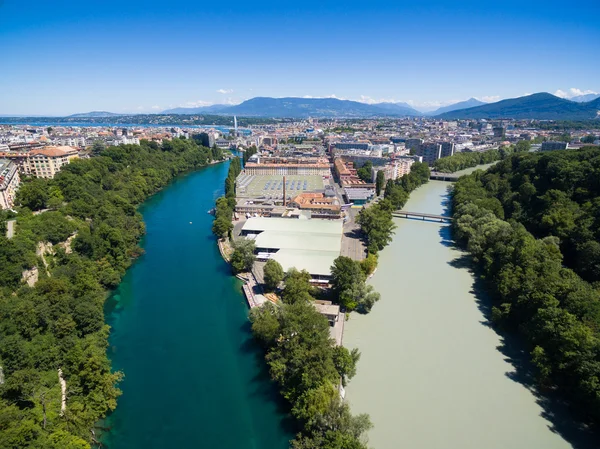 Veduta aerea di Arve an Rhone confluente a Ginevra Svizzera — Foto Stock