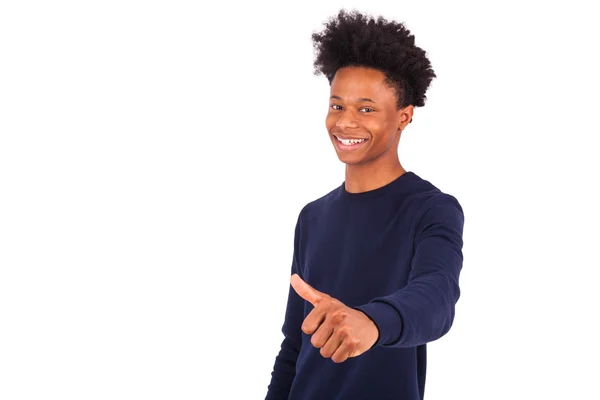 Boldog fiatal afroamerikai ember hogy remek gesztus isolat — Stock Fotó