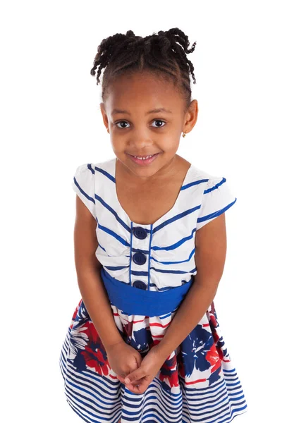 Retrato Uma Menina Afro Americana Bonito Isolado Fundo Branco — Fotografia de Stock