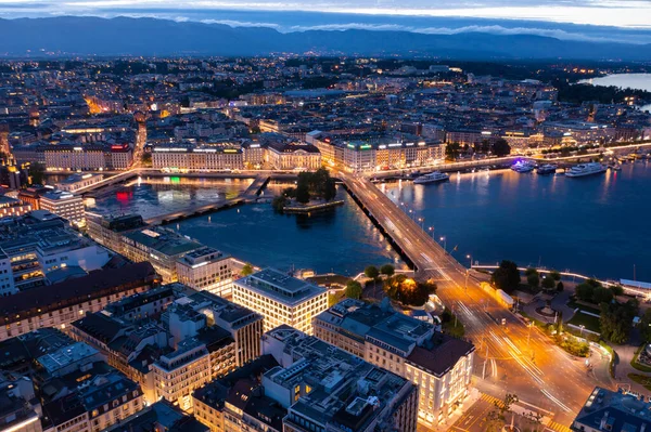Vista Aérea Noturna Cidade Genebra Suíça — Fotografia de Stock