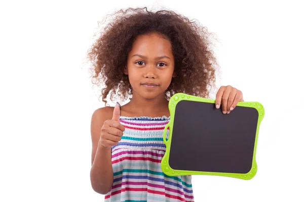 African American school girl holding a blank black board - Black — Stock Photo, Image