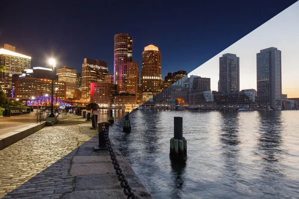 Boston skyline van dag naar nacht montage - Massachusetts - Usa - eenheid — Stockfoto