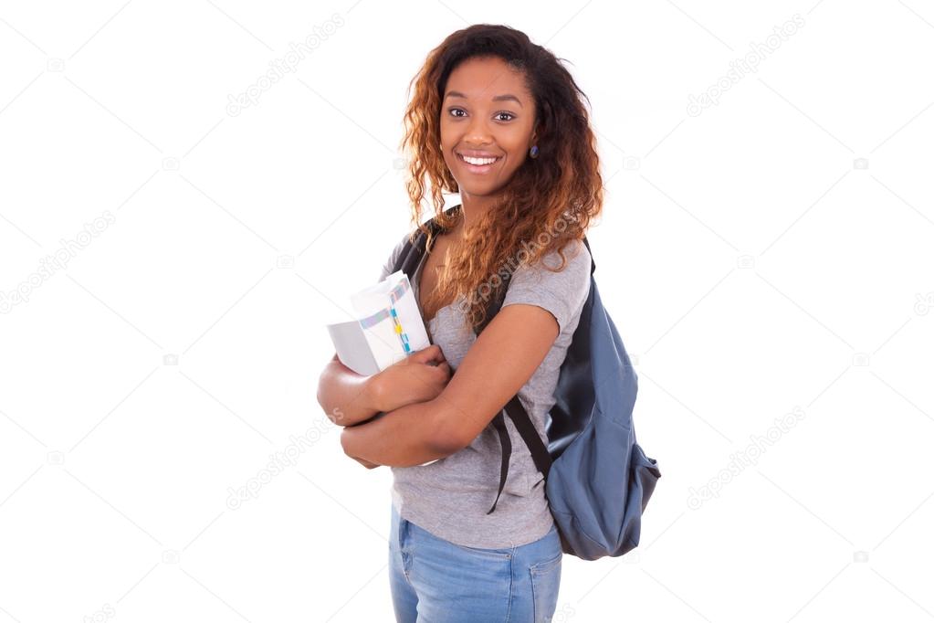 African American student girl holding books - Black people