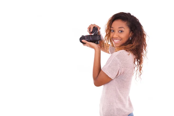 African American photographer taking pictures with a dslr camera — Stock Photo, Image