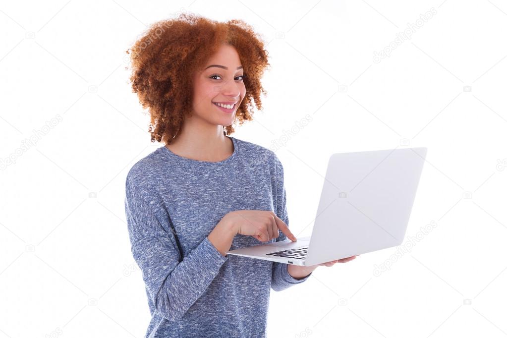 African American student girl using a laptop
