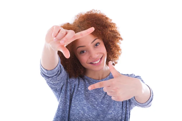 Young african american  photographer making frame gesture with t — Stock Photo, Image