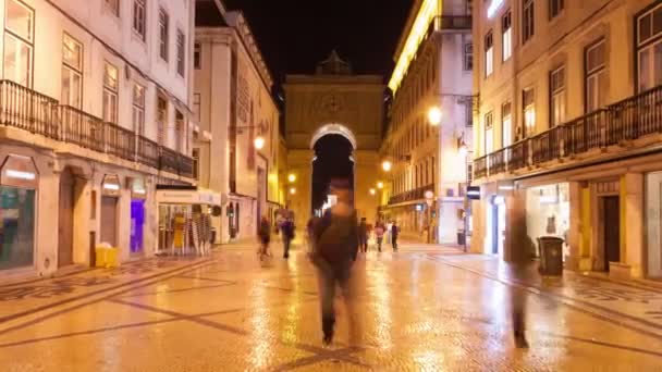 Timelpase van de nacht van Augusta straat in de buurt van commerce square in Lissabon, Portugal - Uhd — Stockvideo