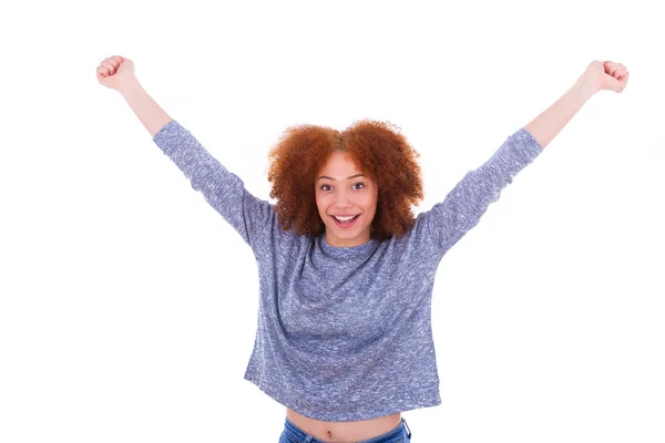 Preto feliz afro-americano menina levantando braços para cima — Fotografia de Stock