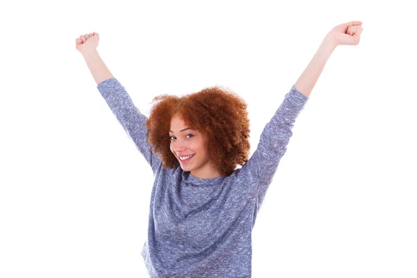 Preto feliz afro-americano menina levantando braços para cima — Fotografia de Stock