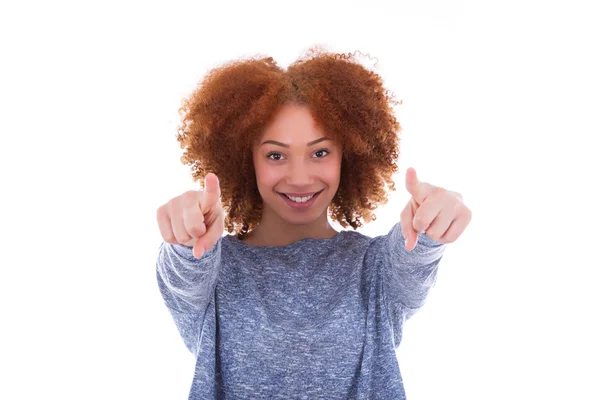 American teenage girl pointing finger to the screen — Stock Photo, Image