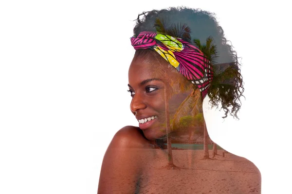 Joven hermosa mujer africana doble exposición retrato, aislado — Foto de Stock