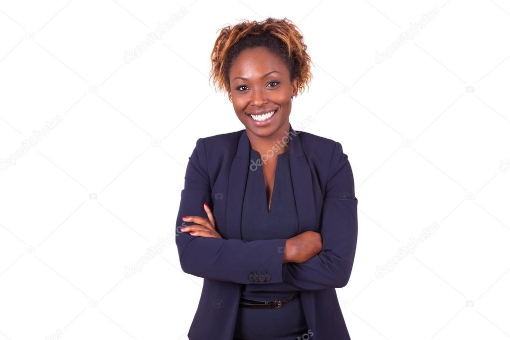 African American woman with folded arms, isolated on white backg
