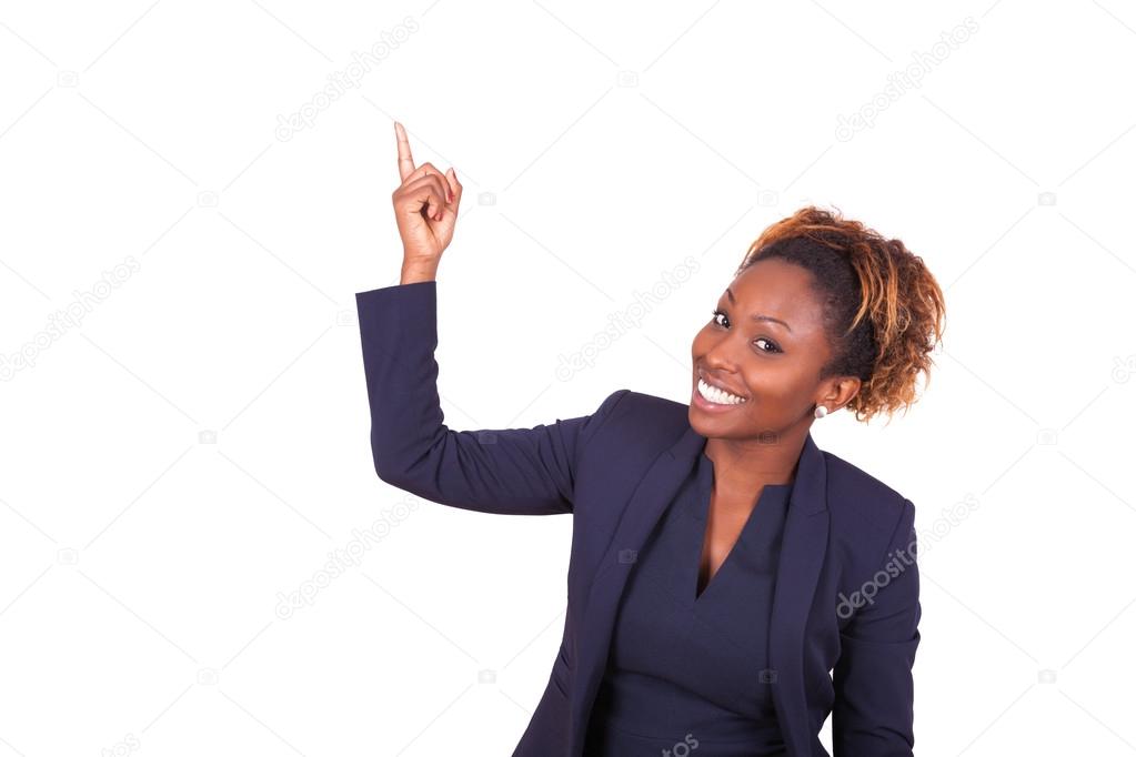 African American business woman pointing something up - Black pe