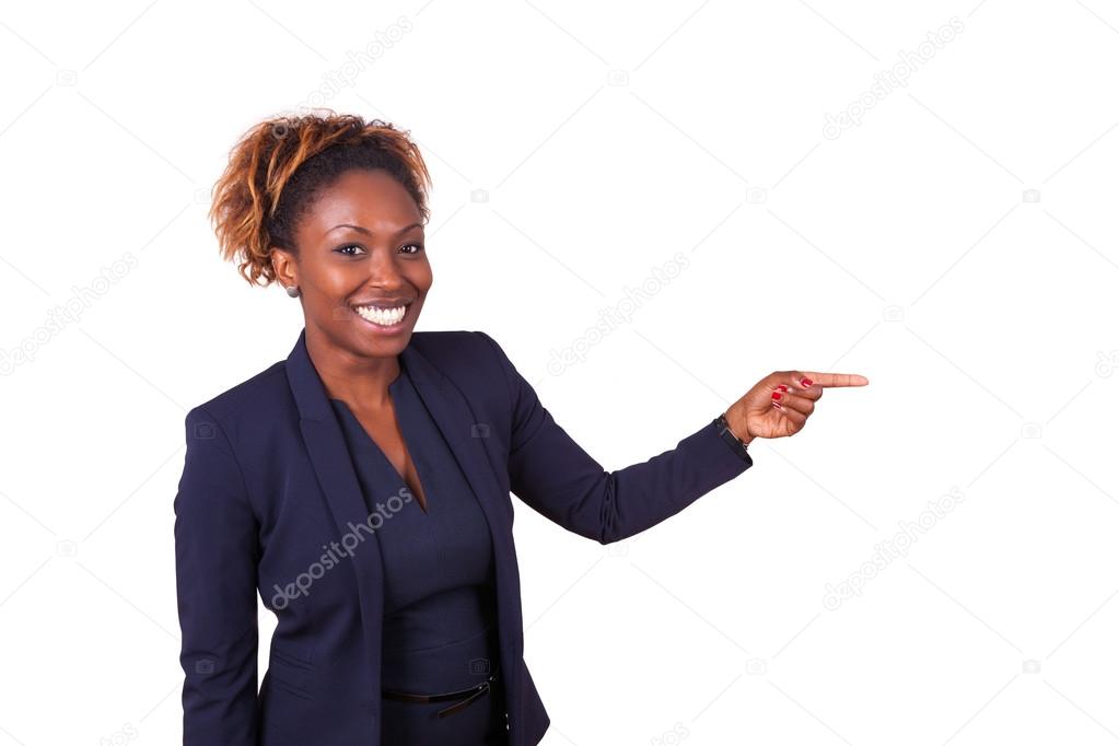 African American business woman pointing something