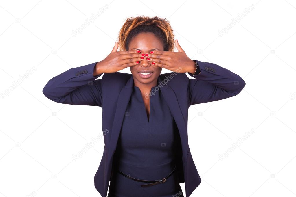 African American business woman hiding her eyes with her hand