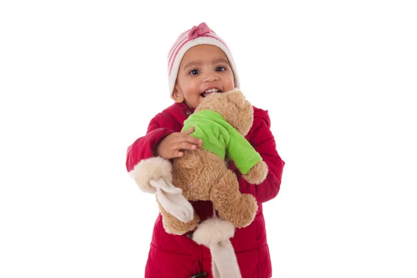 Küçük Afrikalı-Amerikalı küçük kız bir oyuncak ayı tutarak portresi — Stok fotoğraf