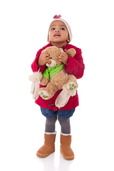 非洲裔美国小小姑娘抱着泰迪熊的肖像 — 图库照片