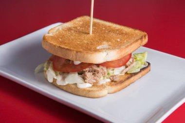 Beyaz tabakta roka ve domates dilimli ton balıklı salatalı sandviç.