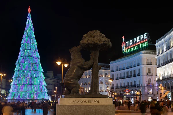 Madrid Spagna Novembre 2020 Enorme Albero Natale Fatto Luci Piazza — Foto Stock