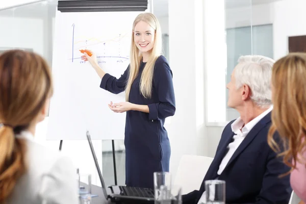 Affärskvinna ger en presentation på affärsmöte — Stockfoto