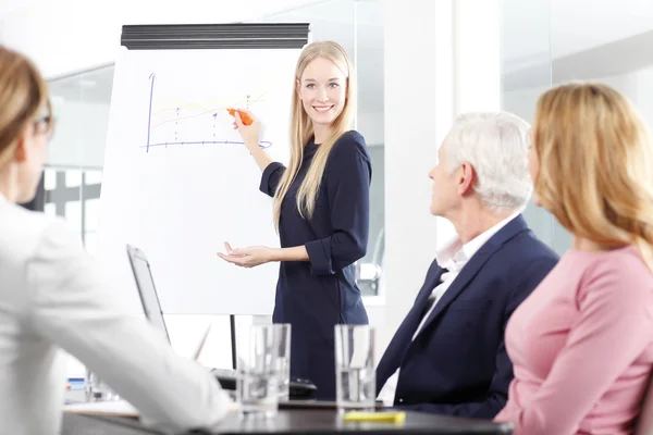 Affärskvinna ger en presentation på affärsmöte — Stockfoto