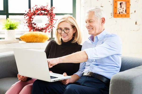 Tiro Casal Feliz Sênior Usando Laptop Enquanto Sentado Sofá Casa — Fotografia de Stock
