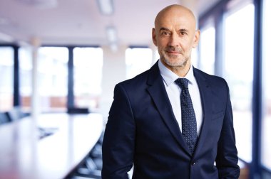 Konferans odasında dikilirken takım elbise ve kravat takan gülümseyen iş adamının portresi..