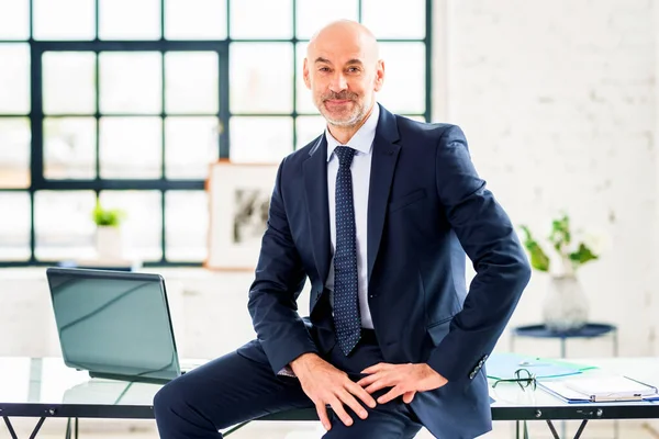 Retrato Tiro Executivo Empresário Sênior Vestindo Terno Gravata Enquanto Sentado — Fotografia de Stock