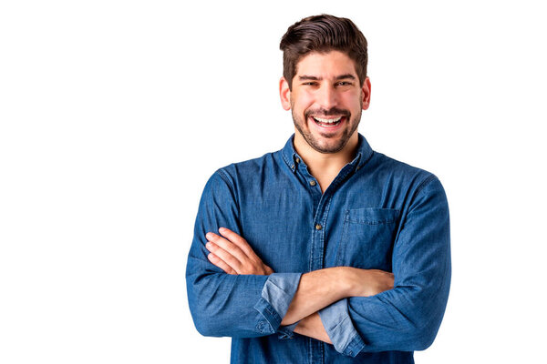 Portrait shot of happy handsome man wearing shirt while standing at isolated white background. 