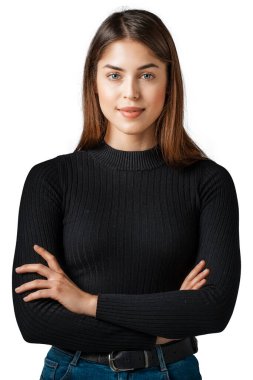 Güzel kahverengi saçlı bir kadının izole edilmiş arka planda duran stüdyo portresi..