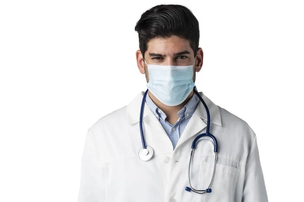 Retrato Tiro Médico Masculino Usando Máscara Facial Para Prevenção Enquanto — Fotografia de Stock