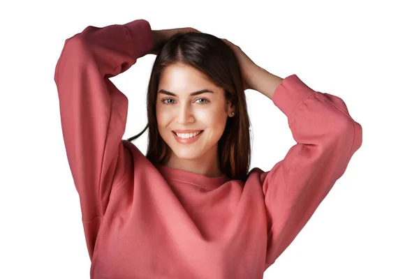 Retrato Filmado Uma Jovem Mulher Feliz Com Mão Cabeça Fundo — Fotografia de Stock