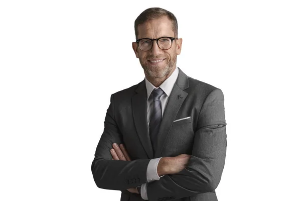 Portrait Executive Middle Aged Businessman Wearing Suit Eyeglasses While Standing — Stock Photo, Image