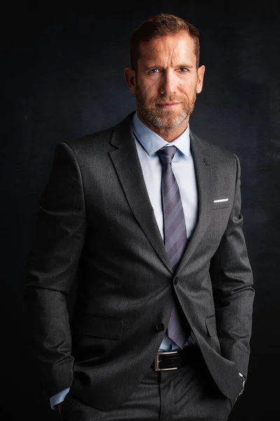 Portrait Executive Middle Aged Businessman Wearing Suit Tie While Standing — Stock Photo, Image